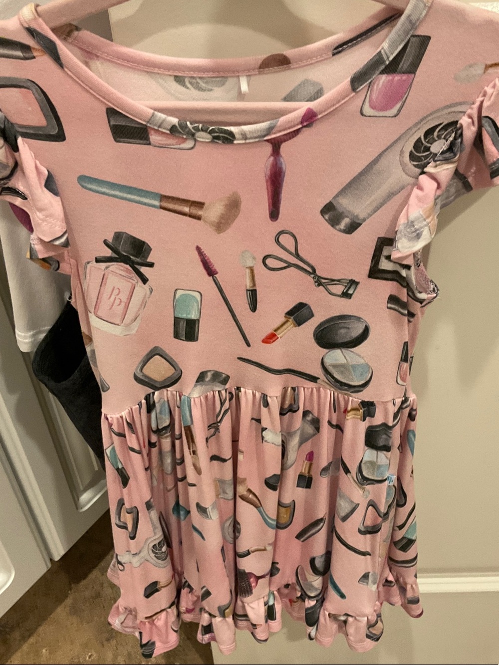 Posh Peanut Girls' Pink Makeup Print Beauty Salon Ruffle Twirl  Dress